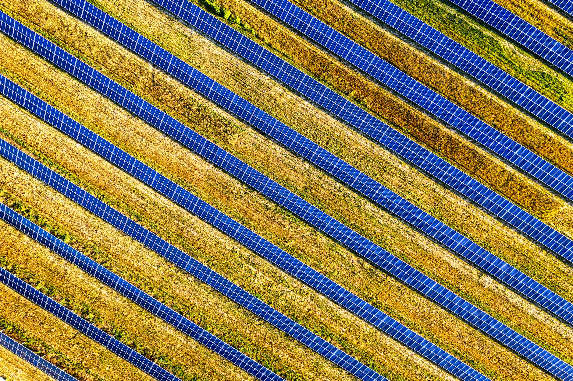 Solar panels in a field, aerial view